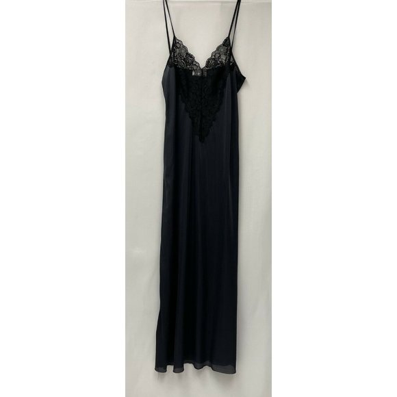 Vintage ILGWU Black Slip Lace Shiny Long Spaghetti Straps Nightie Medium - Picture 2 of 10
